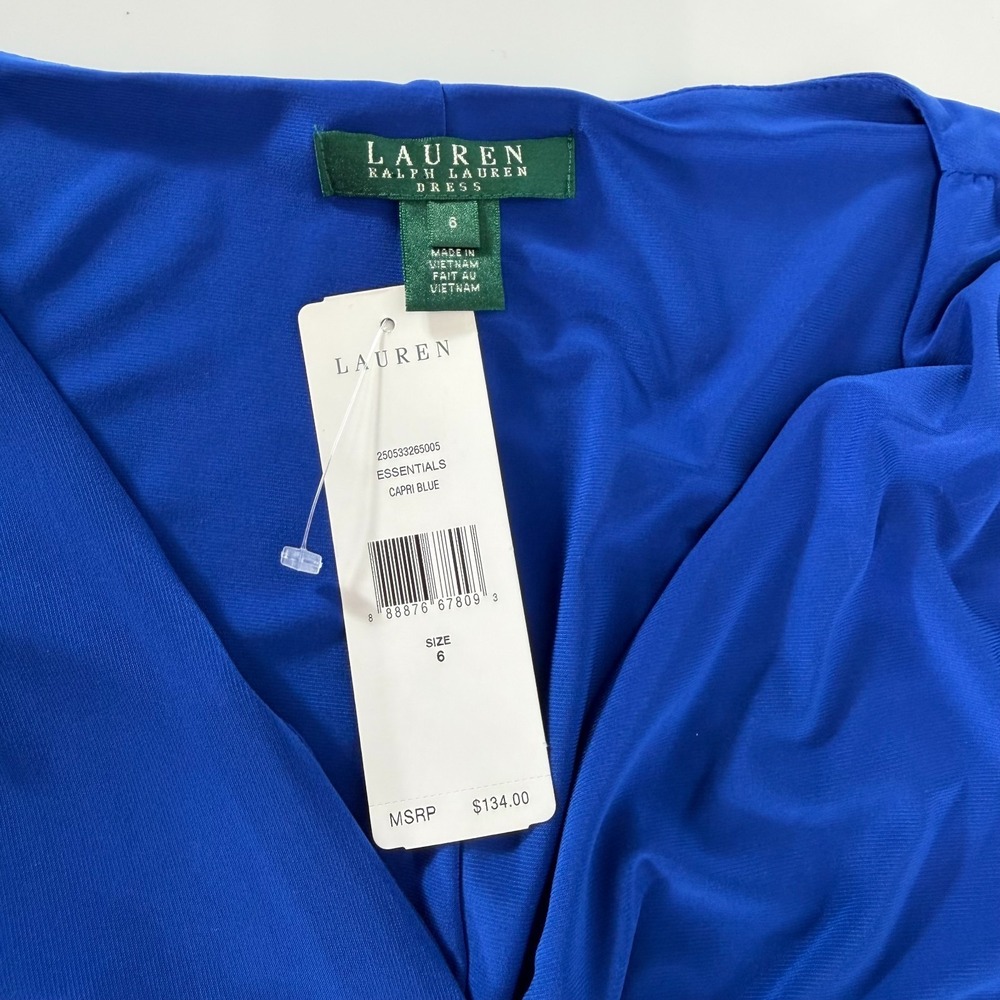 Lauren Ralph Lauren Ruched Faux Wrap Royal Cobalt Blue Midi Party Dress 6 - Picture 3 of 8